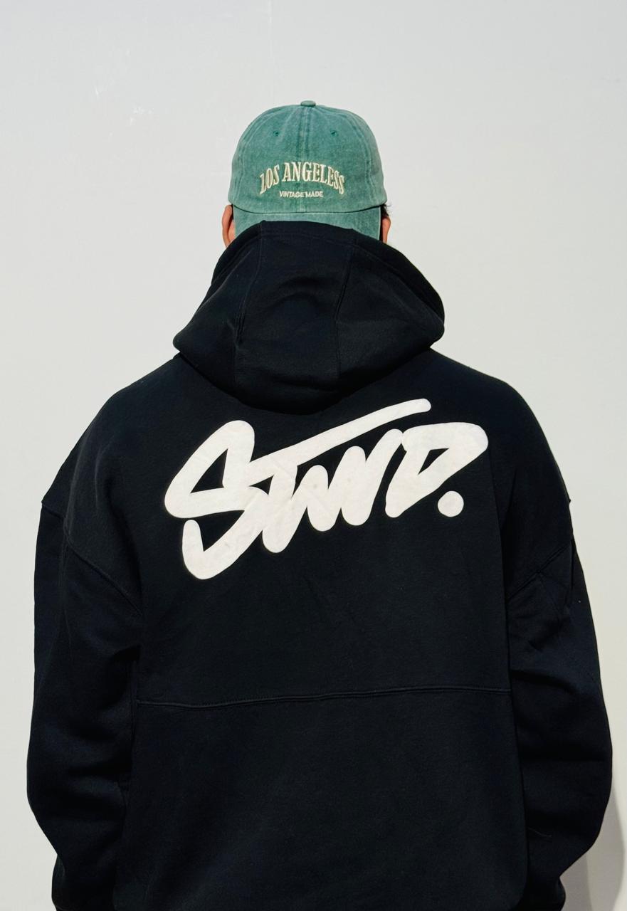STWD BLACK OVERSIZED CROPPED HOODIE.
